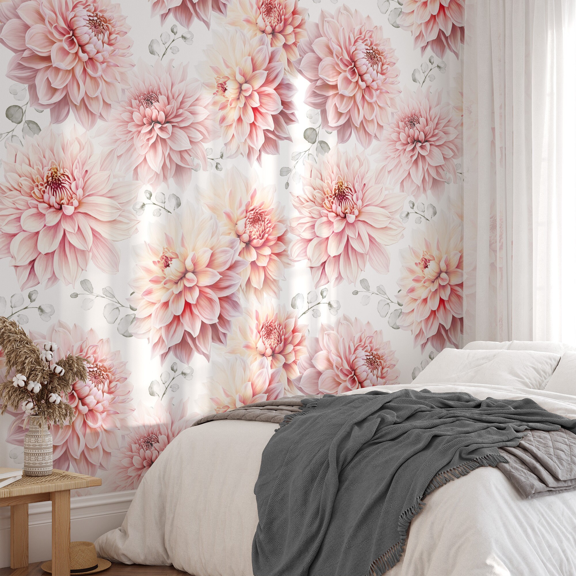 Pink Dahlia Floral Wallpaper, Flowers & Eucalyptus, Peel and Stick Removable or Traditional, Large Scale Mural, Gift for Girls Room - Image 4