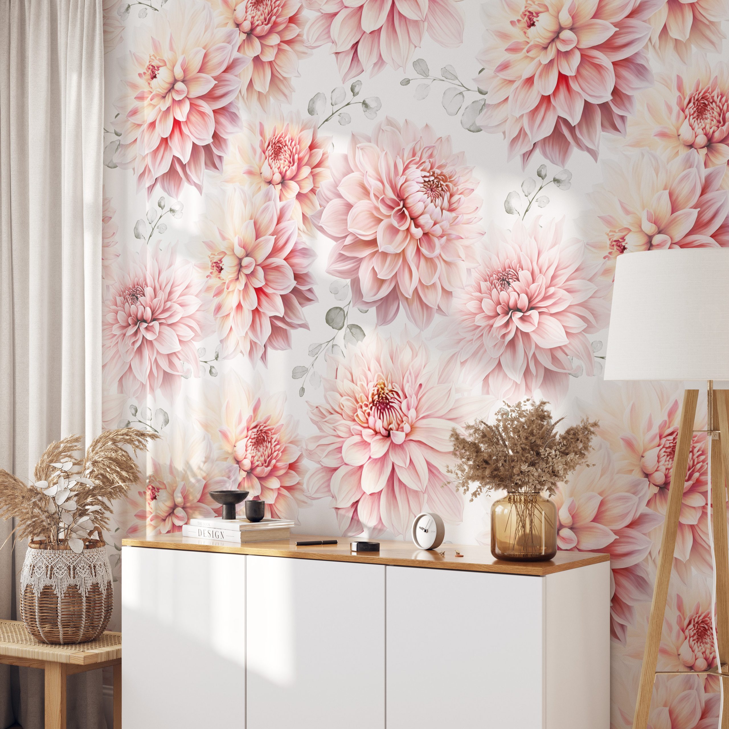 Pink Dahlia Floral Wallpaper, Flowers & Eucalyptus, Peel and Stick Removable or Traditional, Large Scale Mural, Gift for Girls Room - Image 5