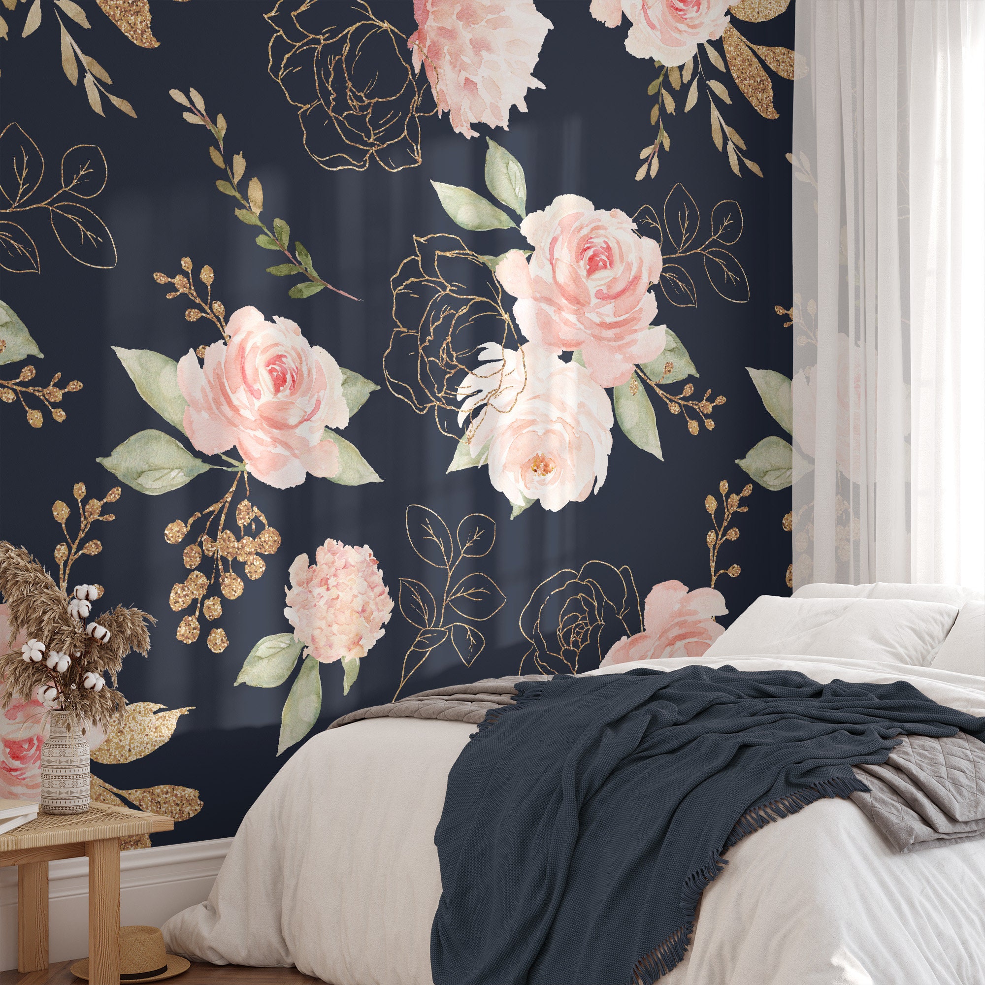 Navy and Pink Floral Rose Wallpaper, Peel and Stick Removable, Traditional, Prepasted, Large Mural, Entryway, Nursery, Bedroom, Wall Decor - Image 3