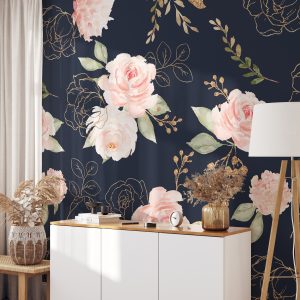 Navy and Pink Floral Rose Wallpaper, Peel and Stick Removable, Traditional, Prepasted, Large Mural, Entryway, Nursery, Bedroom, Wall Decor