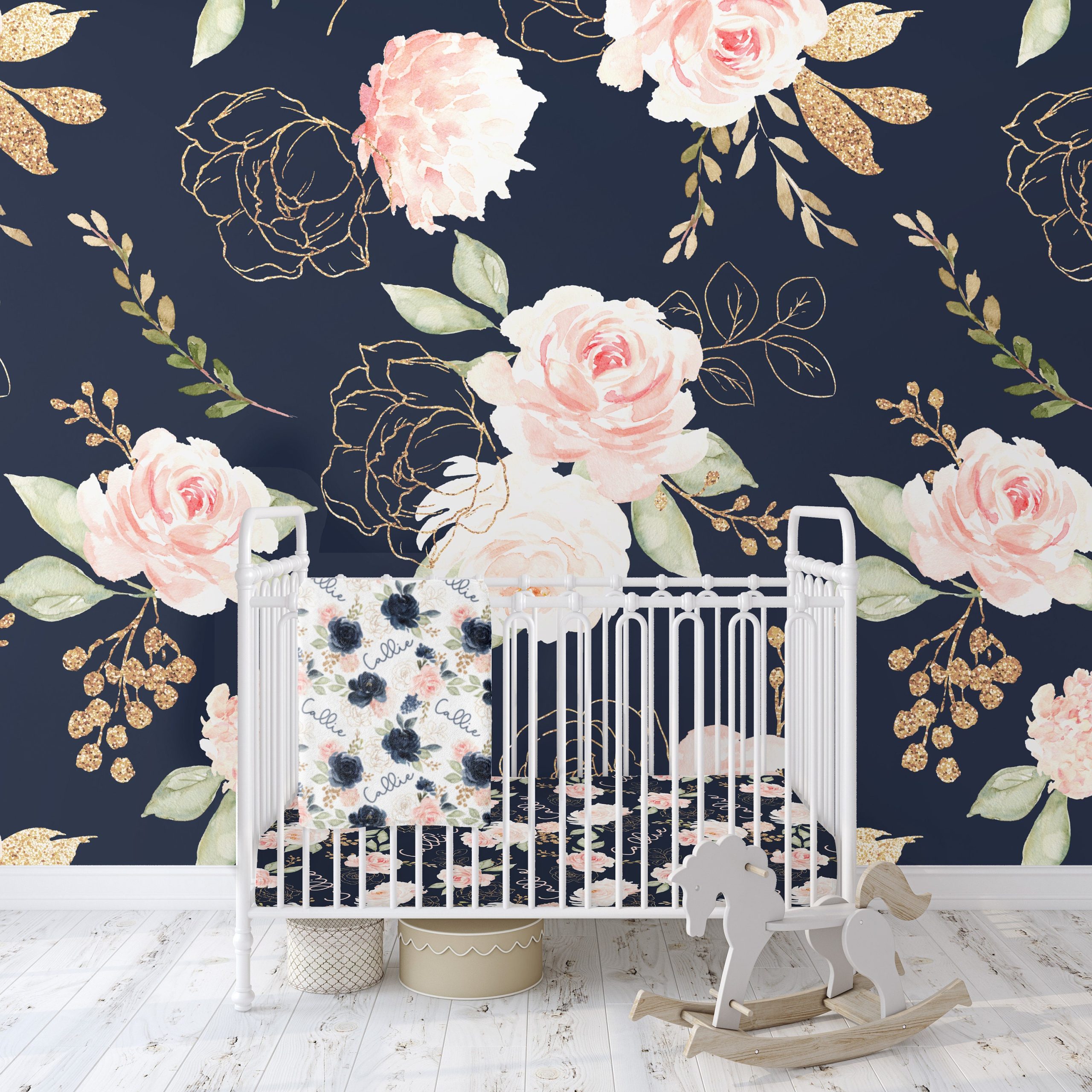 Navy and Pink Floral Rose Wallpaper, Peel and Stick Removable, Traditional, Prepasted, Large Mural, Entryway, Nursery, Bedroom, Wall Decor - Image 2