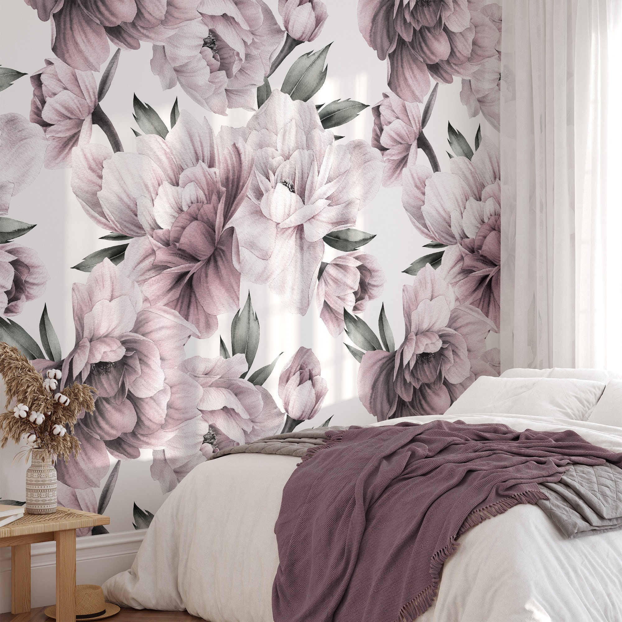 Dusty Purple Peonies Floral Wallpaper, Large Scale Peel and Stick Removable Mural, Unpasted Prepasted or Traditional, Wall Art Home Decor