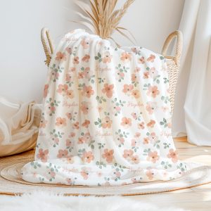 Personalized Baby Blanket, Minky or Sherpa, Pink Flower Watercolor, Pressed Vine Floral, Custom Girl Name Blanket