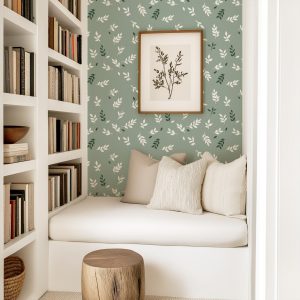 Sage Green and White Botanical Pressed Wallpaper, Fern Greenery Plant Garden, Peel Stick Prepasted Traditional, Custom Sizes Botanical