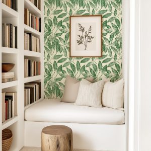 Pressed Leaf Wallpaper, Greenery Plant Garden, Peel Stick Prepasted Traditional, Custom Dimensions Sage Botanical Green Pothos Leaves