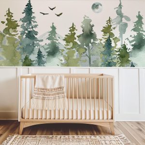Woodland Forest Mountain Wallpaper, Peel Stick or Traditional, Boy Nursery Mural Large Scale, Country Woods Watercolor Forest Wall Art Play