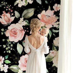 Black Pink Floral Wallpaper, Peel and Stick Removable Temporary, Dramatic Dark Mural Large Print Peony Rose Watercolor Nursery Playroom Girl