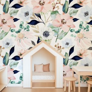 Pink Navy Green Floral Wallpaper, Coastal Floral Peel and Stick Removable, Large Print Wall Art Mural, Girly Flowers
