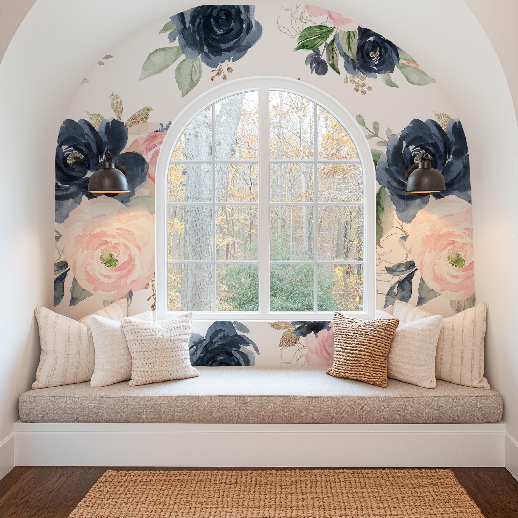 Navy Pink Peach Rose Floral Wallpaper, Peel Stick Removable or Traditional, Baby Girl Nursery Decor, Large Print Mural Bedroom Blue Flower - Image 2