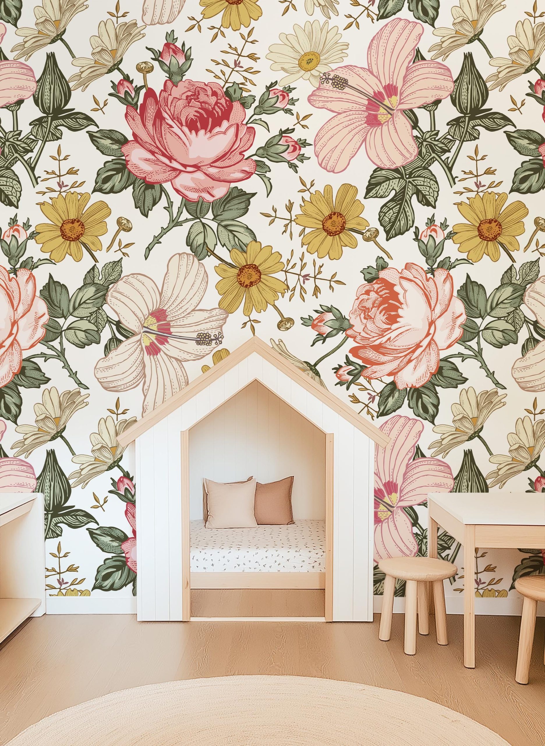Vintage Flowers Wallpaper, Retro Style Roses Hibiscus, Peel and Stick Removable, Traditional or Pre-Pasted, Boho Floral, Birdie Collection - Image 2
