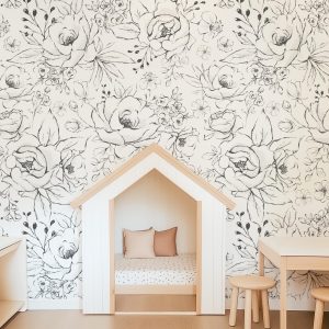 Black and White Line Doodle Sketch Art Floral Wallpaper Peel and Stick Removable Baby Girl Nursery Decor Temporary Do It Yourself Mural Wall