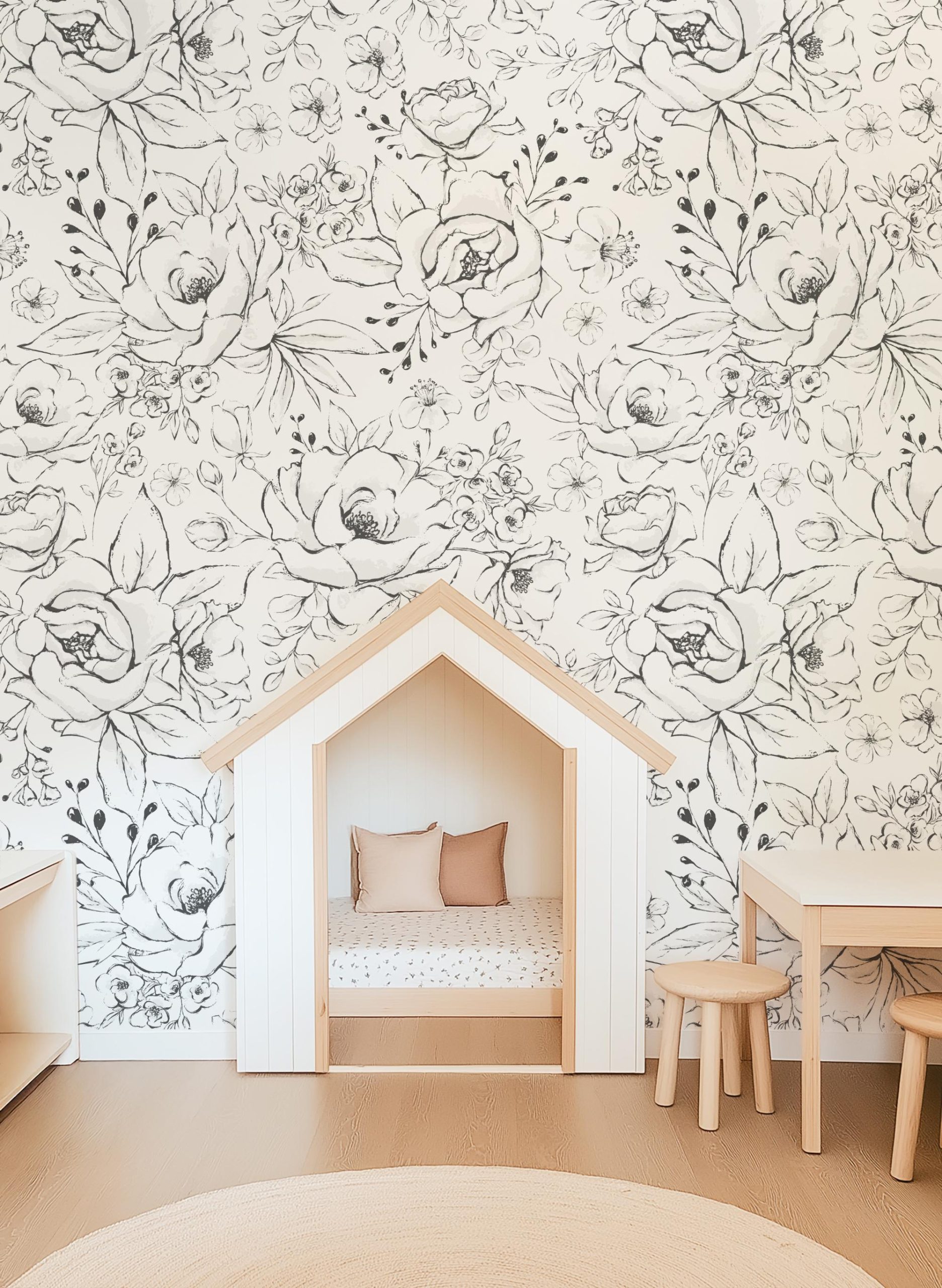 Black and White Line Doodle Sketch Art Floral Wallpaper Peel and Stick Removable Baby Girl Nursery Decor Temporary Do It Yourself Mural Wall