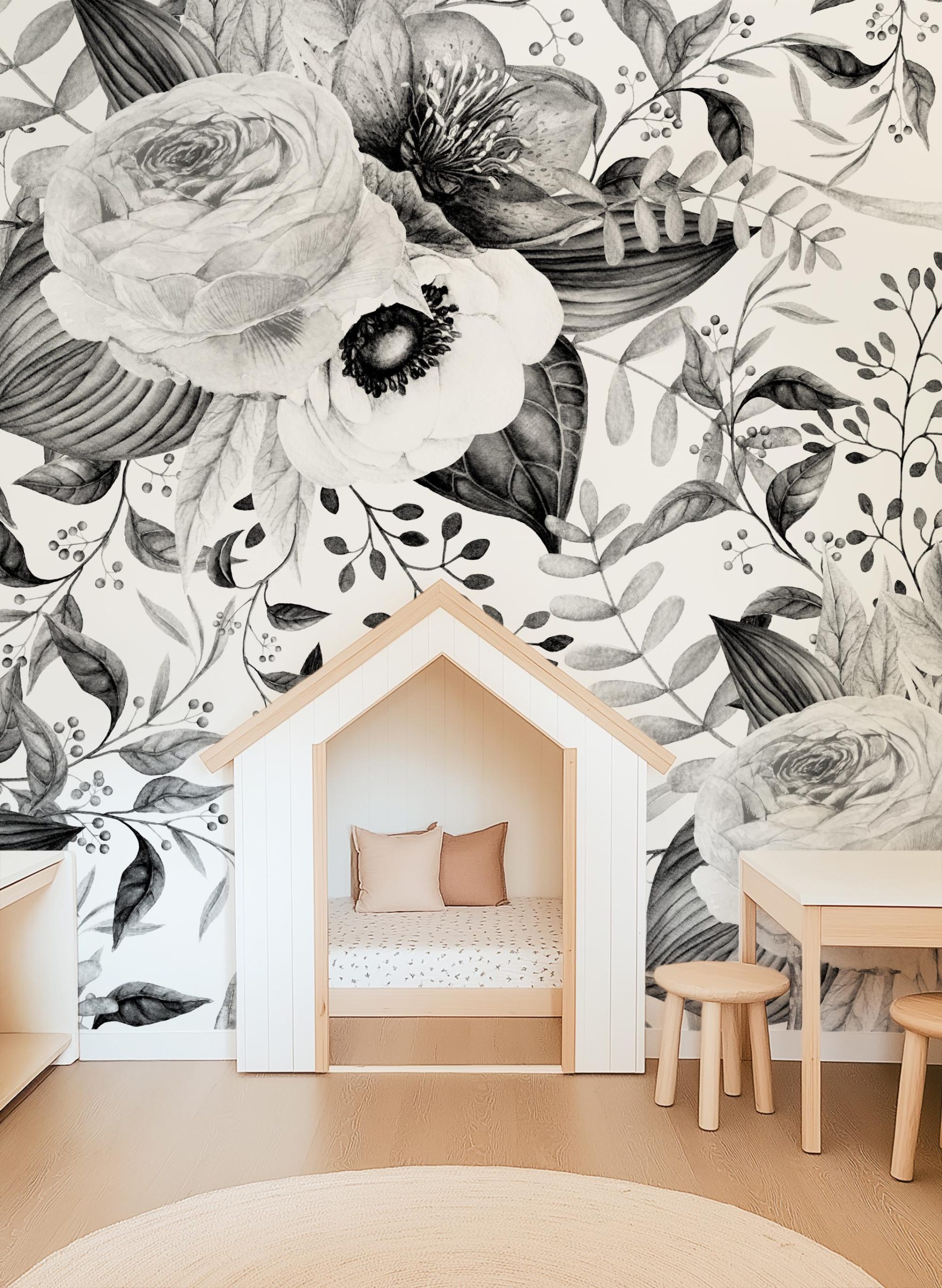 Vintage Black White Floral Wallpaper, Peel Stick Removable, Prepasted Unpasted Traditional, Baby Girl Nursery Decor, High Contrast Line Art - Image 4