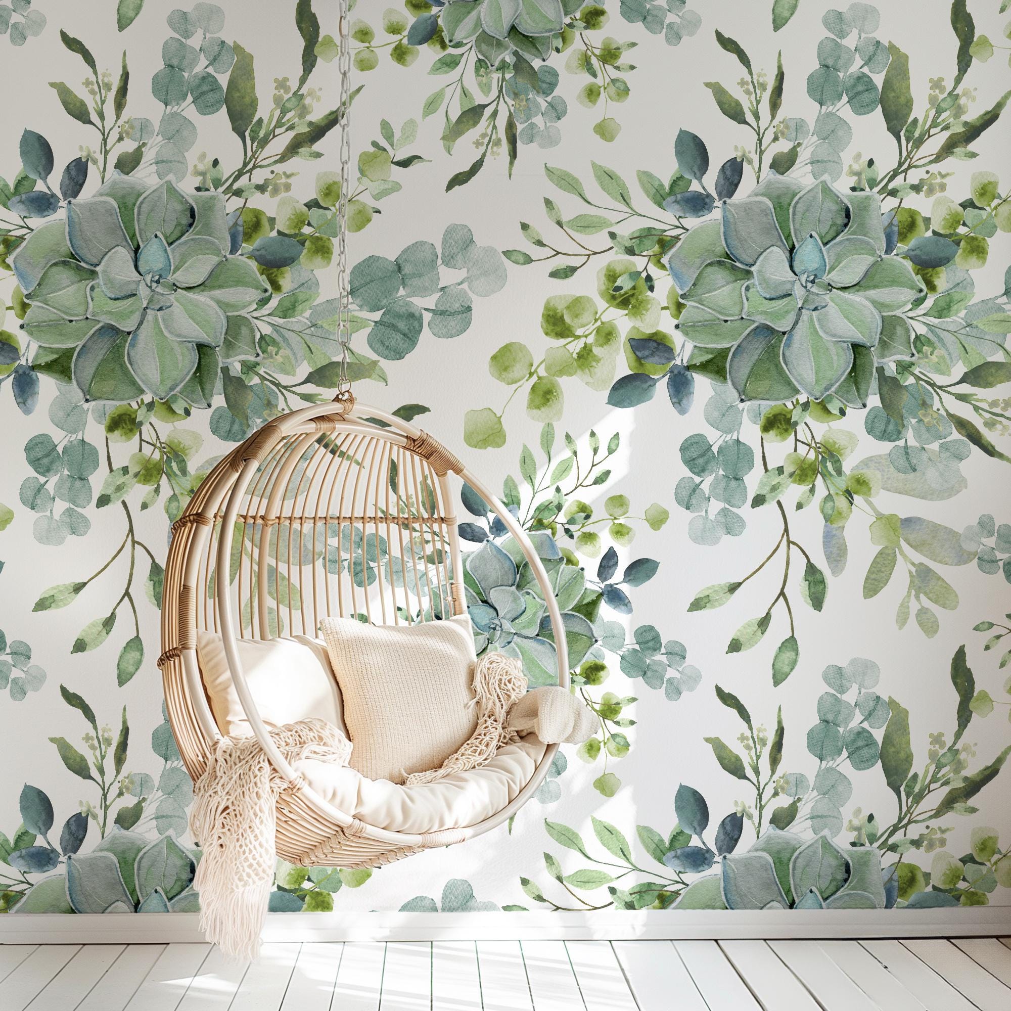 Large Scale Succulent Greenery Wallpaper, Peel and Stick Removable, Blue Green Colors Boho, Living Room Bedroom, Desert Cactus Green