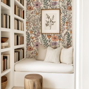 Wildflower Garden Botanical Floral Wallpaper, Peel and Stick Removable or Traditional, Retro Boho Bedroom Cottagecore Decor, Girl Toddler