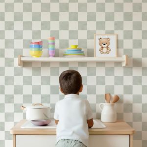 Muted Blue Checkered Wallpaper, Watercolor Peel Stick Removable, Unpasted Traditional Option, Retro Boho Check Pastel Accent Gingham