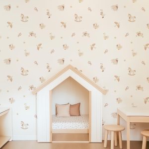 Neutral Boho Animal Nursery Wallpaper, Vintage Romantic Peel and Stick Removable Unpasted Traditional, Rocking Horse Bunny Stars Duck Circus