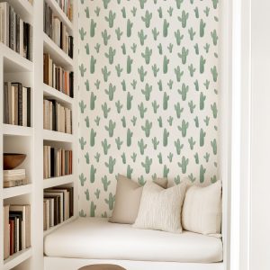 Saguaro Cactus Wallpaper, Peel Stick Removable Baby Girl Nursery Decor, Desert Vintage Watercolor Green Saguaro Cacti Wall Art