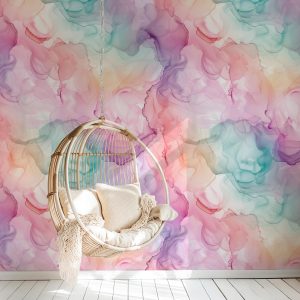 Rainbow Watercolor Swirls Wallpaper, Pink Blue Purple Ink Blend on Paper, Peel and Stick Removable, Prepasted Traditional Custom Sizes Girls