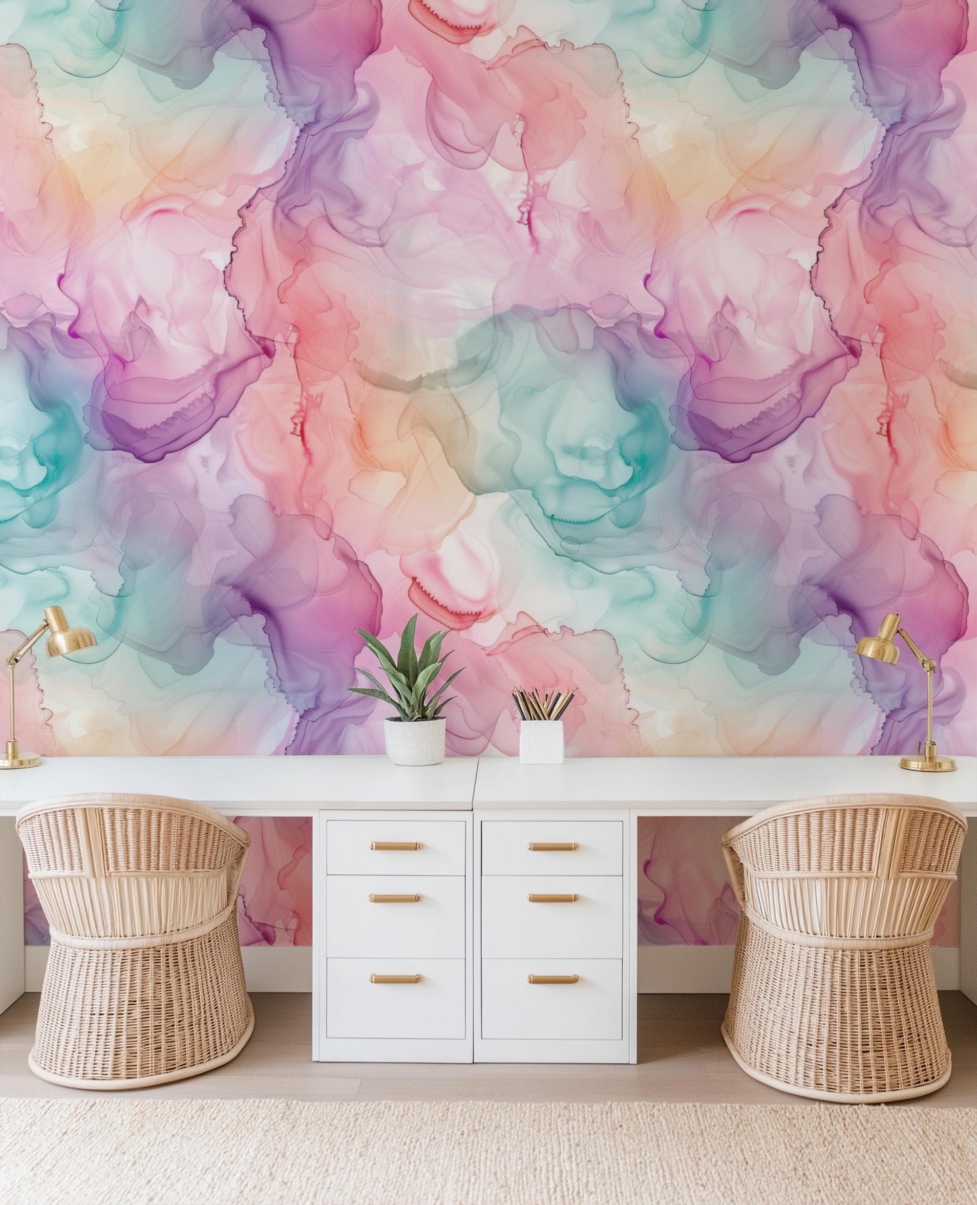 Rainbow Watercolor Swirls Wallpaper, Pink Blue Purple Ink Blend on Paper, Peel and Stick Removable, Prepasted Traditional Custom Sizes Girls - Image 7
