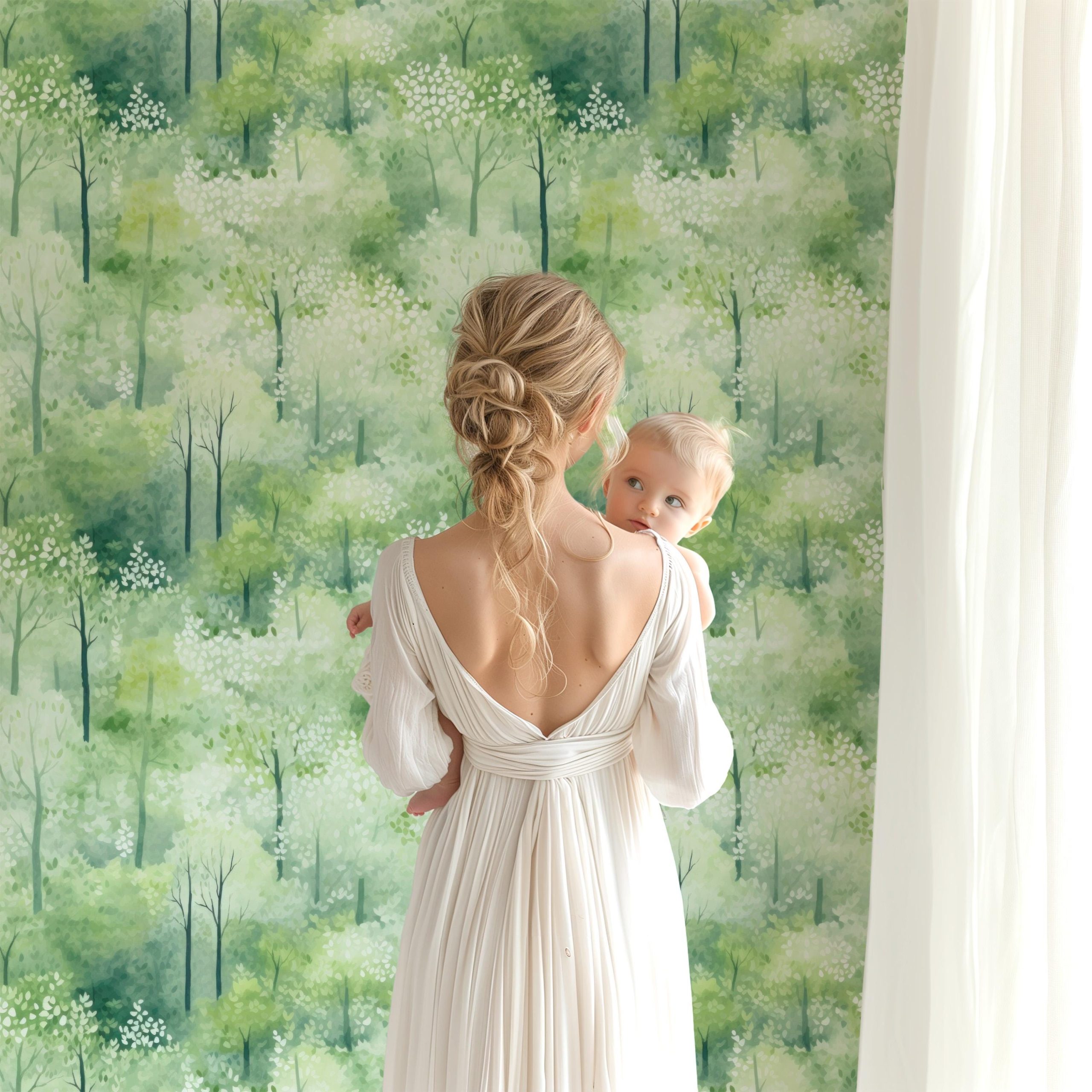 Forest Trees Wallpaper, Peel Stick or Traditional, Boy Nursery Mural Large Scale, Country Woods Watercolor Forest Wall Art Playroom Woodland - Image 4