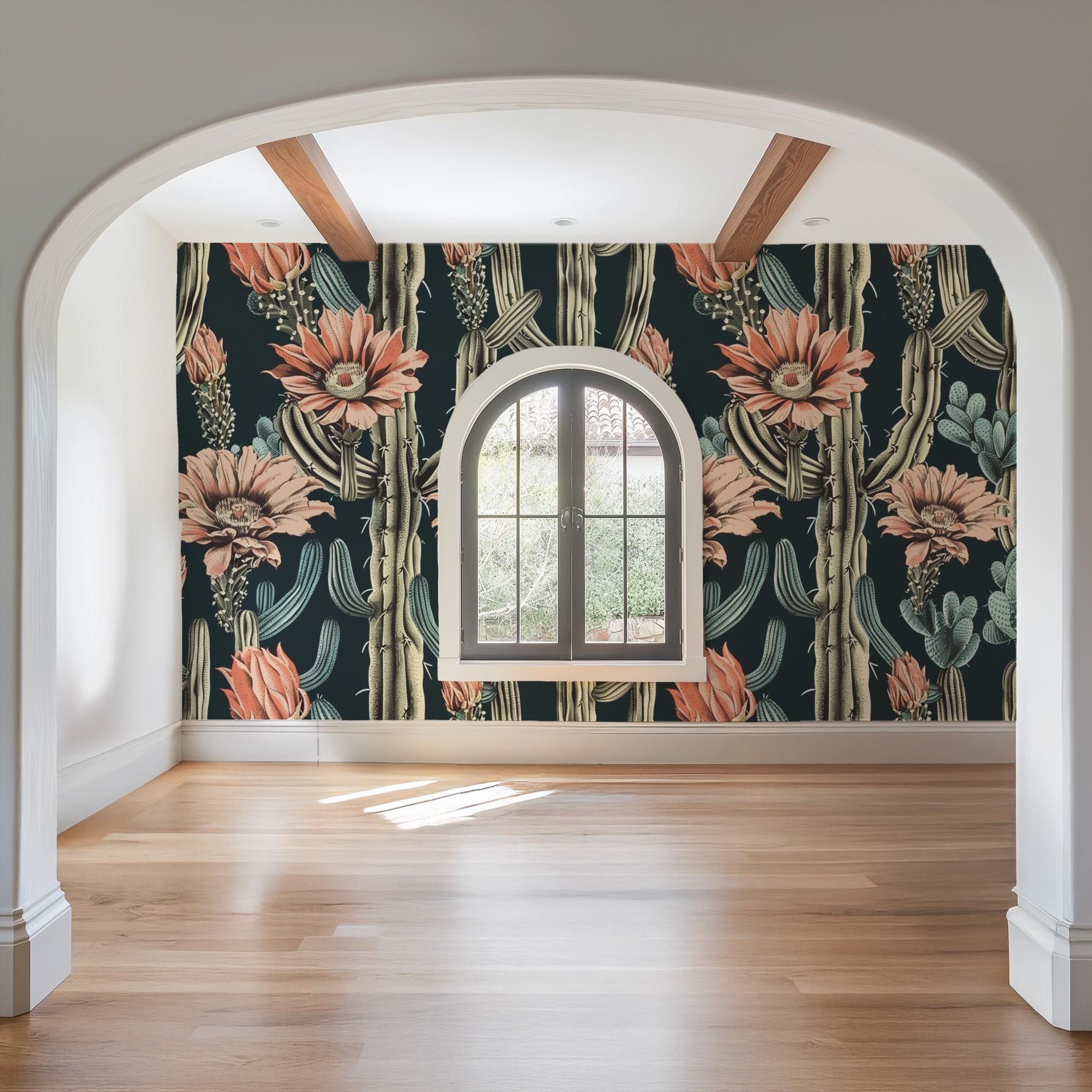 Moody Saguaro Cactus Wallpaper, Peel and Stick Removable, Dark Colors Boho Large Scale Cacti Bloom, Living Room Bedroom Desert Cactus Flower - Image 3