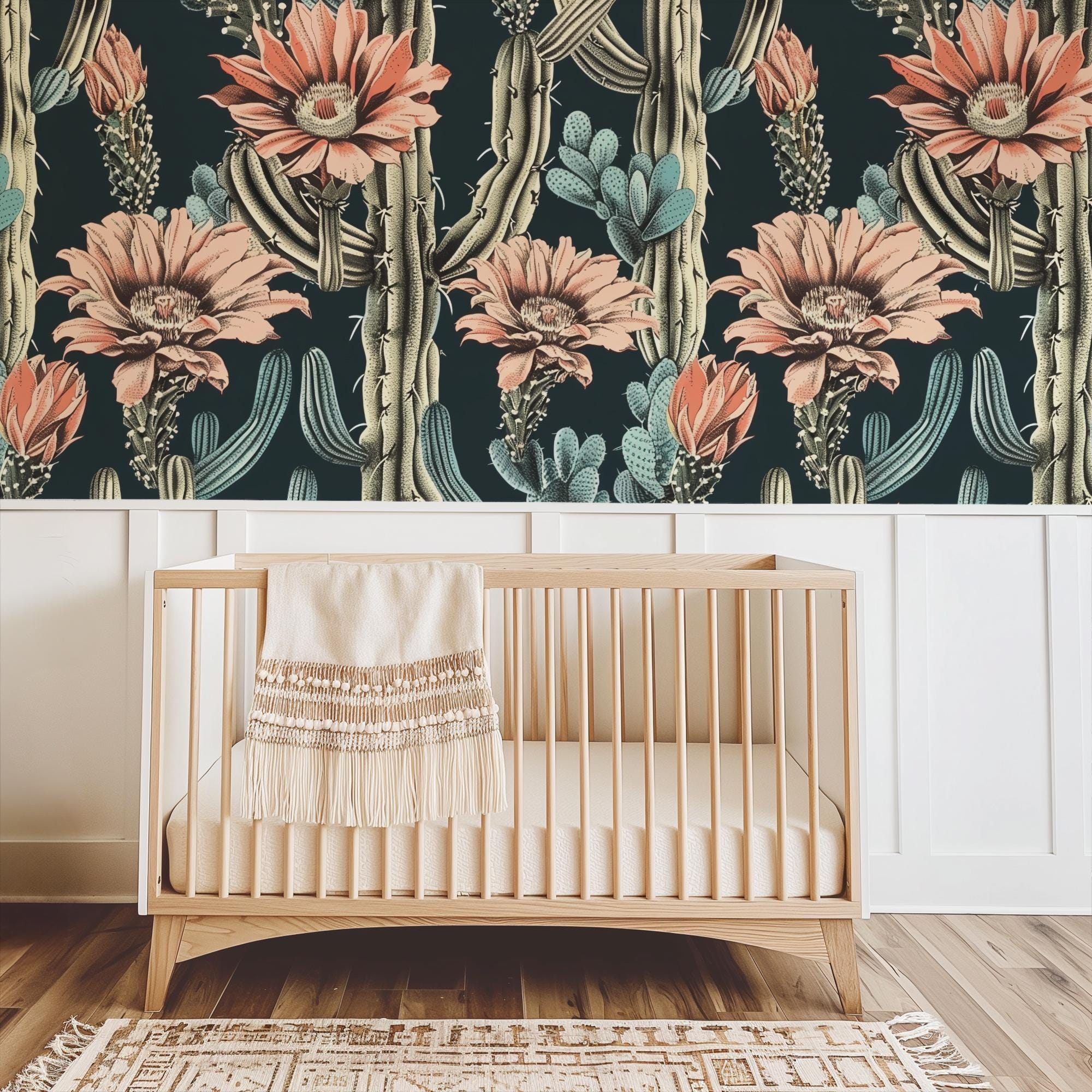 Moody Saguaro Cactus Wallpaper, Peel and Stick Removable, Dark Colors Boho Large Scale Cacti Bloom, Living Room Bedroom Desert Cactus Flower - Image 7