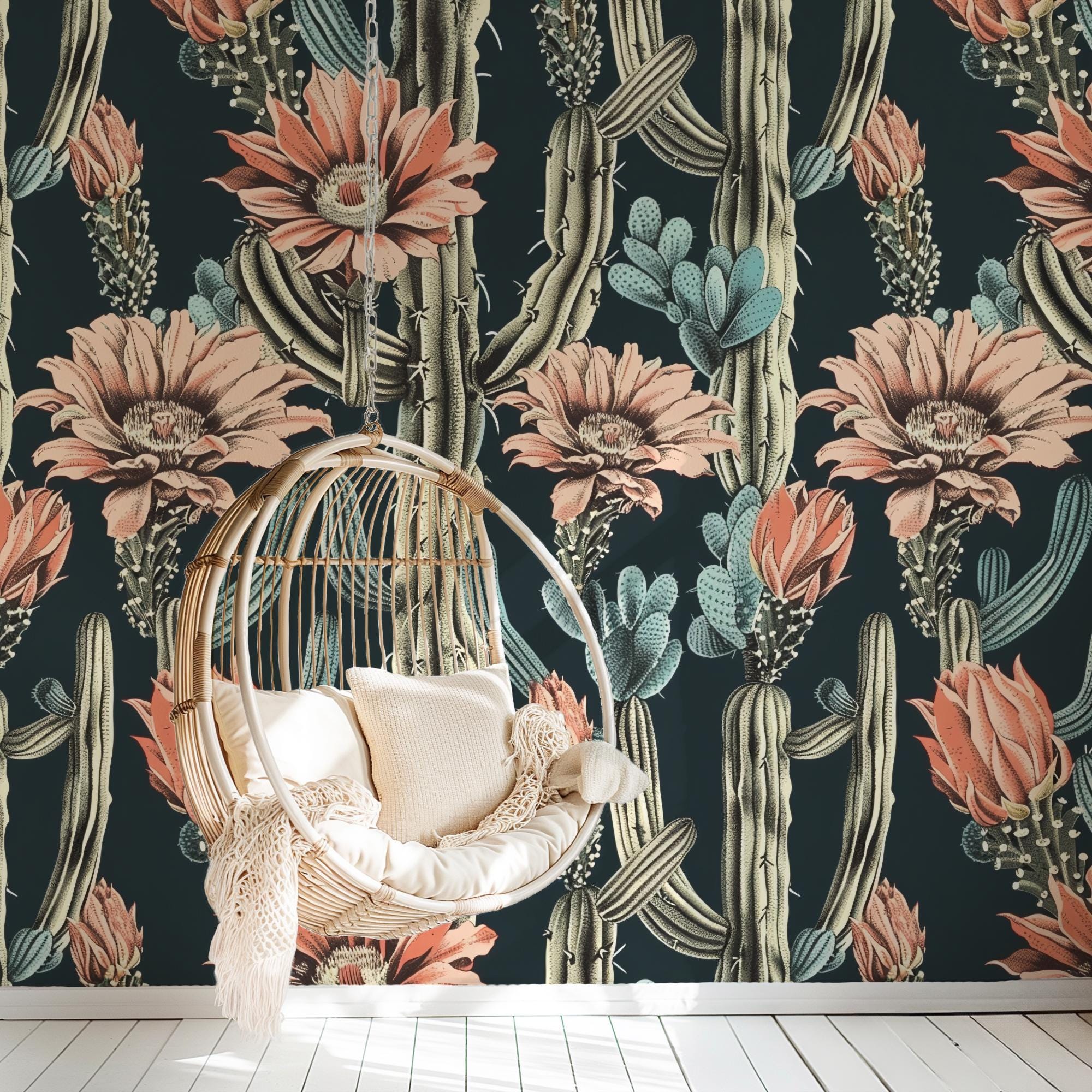Moody Saguaro Cactus Wallpaper, Peel and Stick Removable, Dark Colors Boho Large Scale Cacti Bloom, Living Room Bedroom Desert Cactus Flower