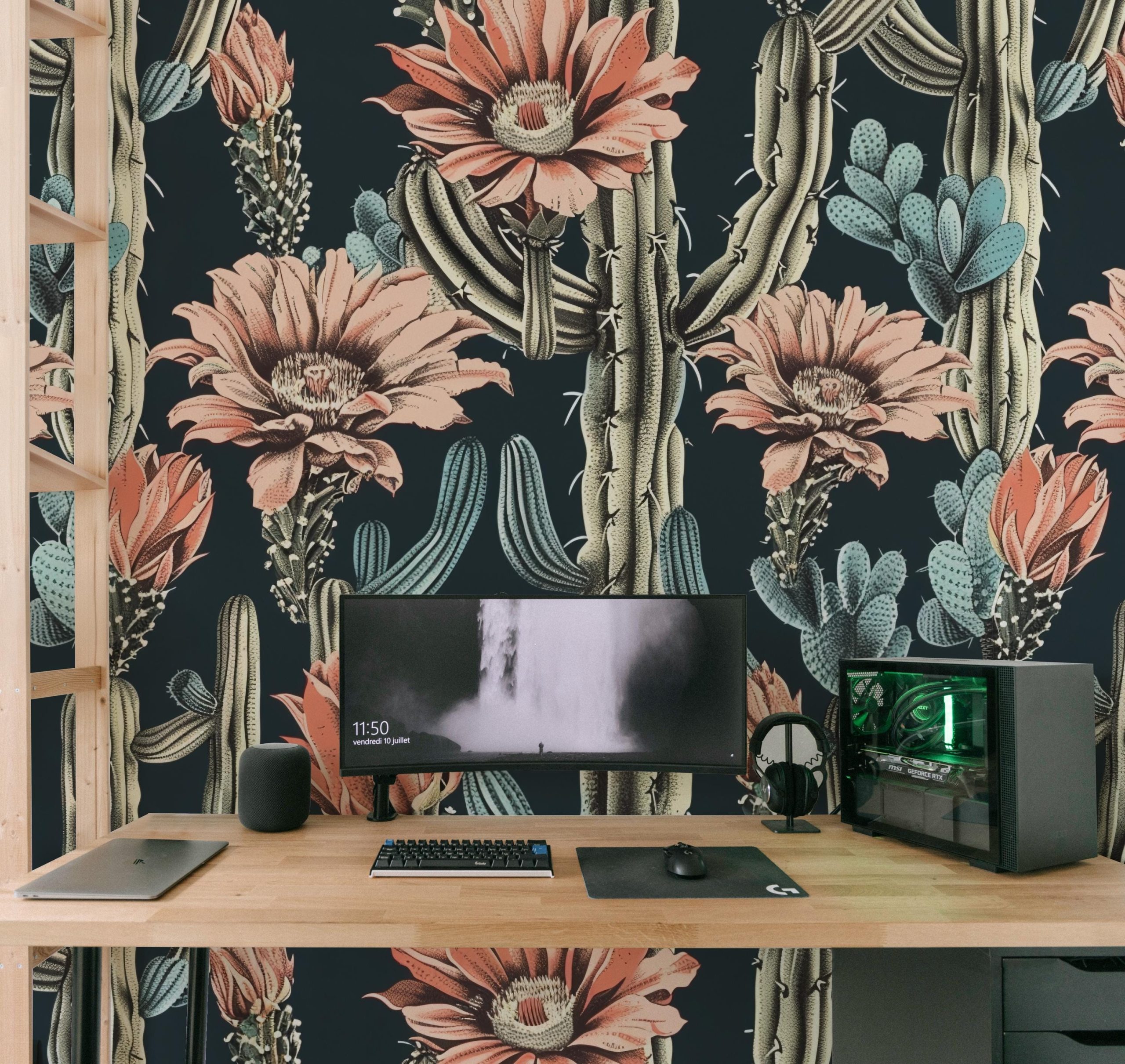 Moody Saguaro Cactus Wallpaper, Peel and Stick Removable, Dark Colors Boho Large Scale Cacti Bloom, Living Room Bedroom Desert Cactus Flower - Image 6