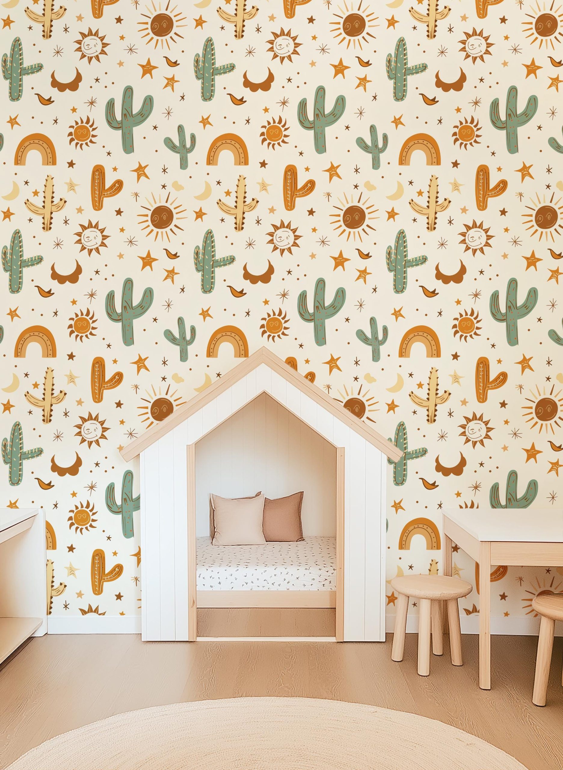 Boho Desert Cactus Wallpaper, Peel and Stick Removable, Cacti with Sun Stars Rainbow, Kid's Bedroom Playroom Desert Cactus Wall Art Accent - Image 2