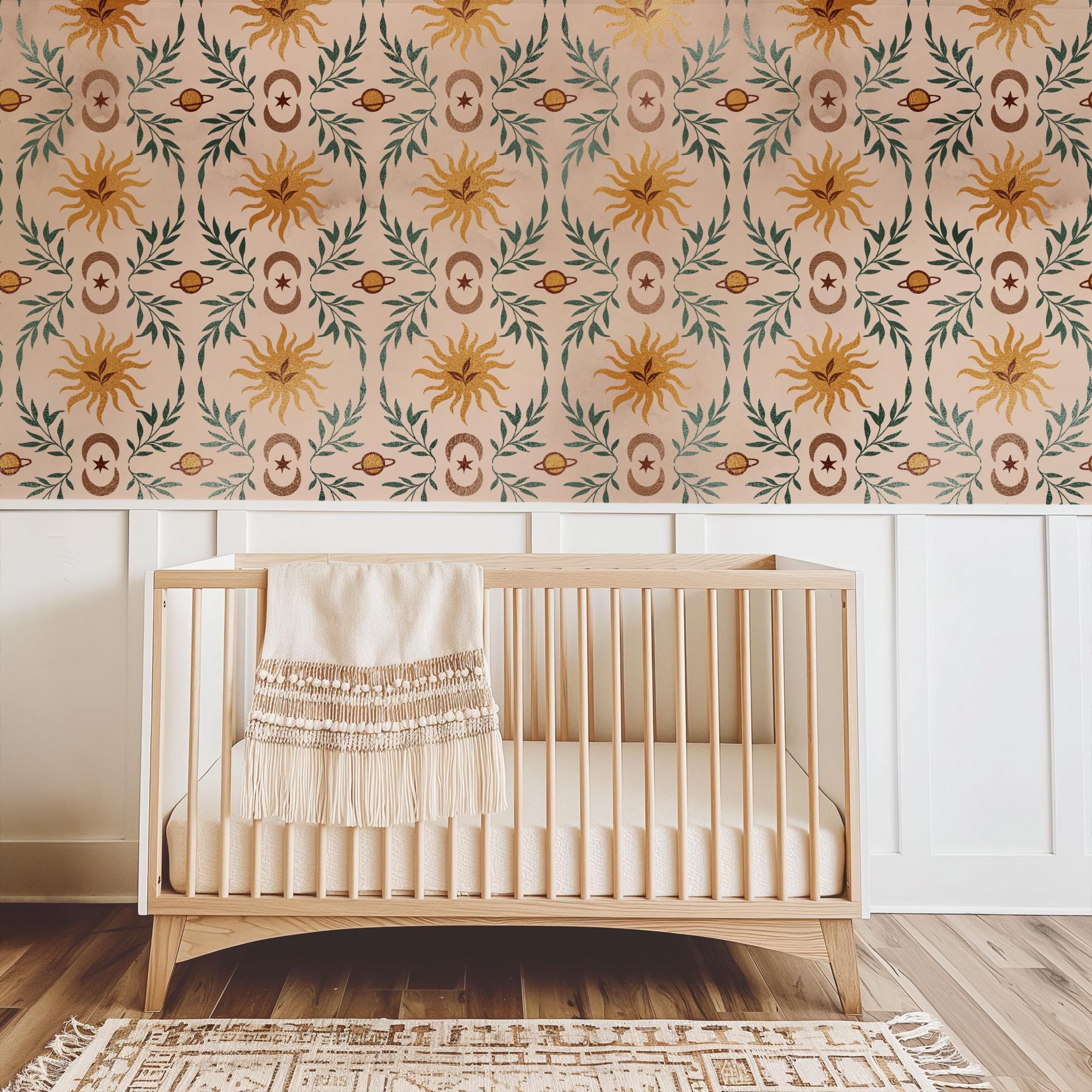 Celestial Sun Planets Moon Pattern Wallpaper, Peel Stick Removable, Spiritual Leafy Neutral Trendy Boho Sun Pattern - Image 2