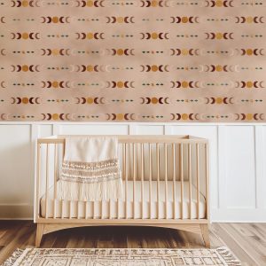 Celestial Moon Phase Pattern Wallpaper, Peel Stick Removable, Spiritual Leafy Neutral Trendy Boho Moon Pattern