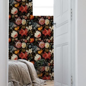 Dark Botanical Floral Wallpaper, Peel Stick Removable, Unpasted Traditional Option, Moody Forest Floral Decor, Cute Gothic Cottagecore