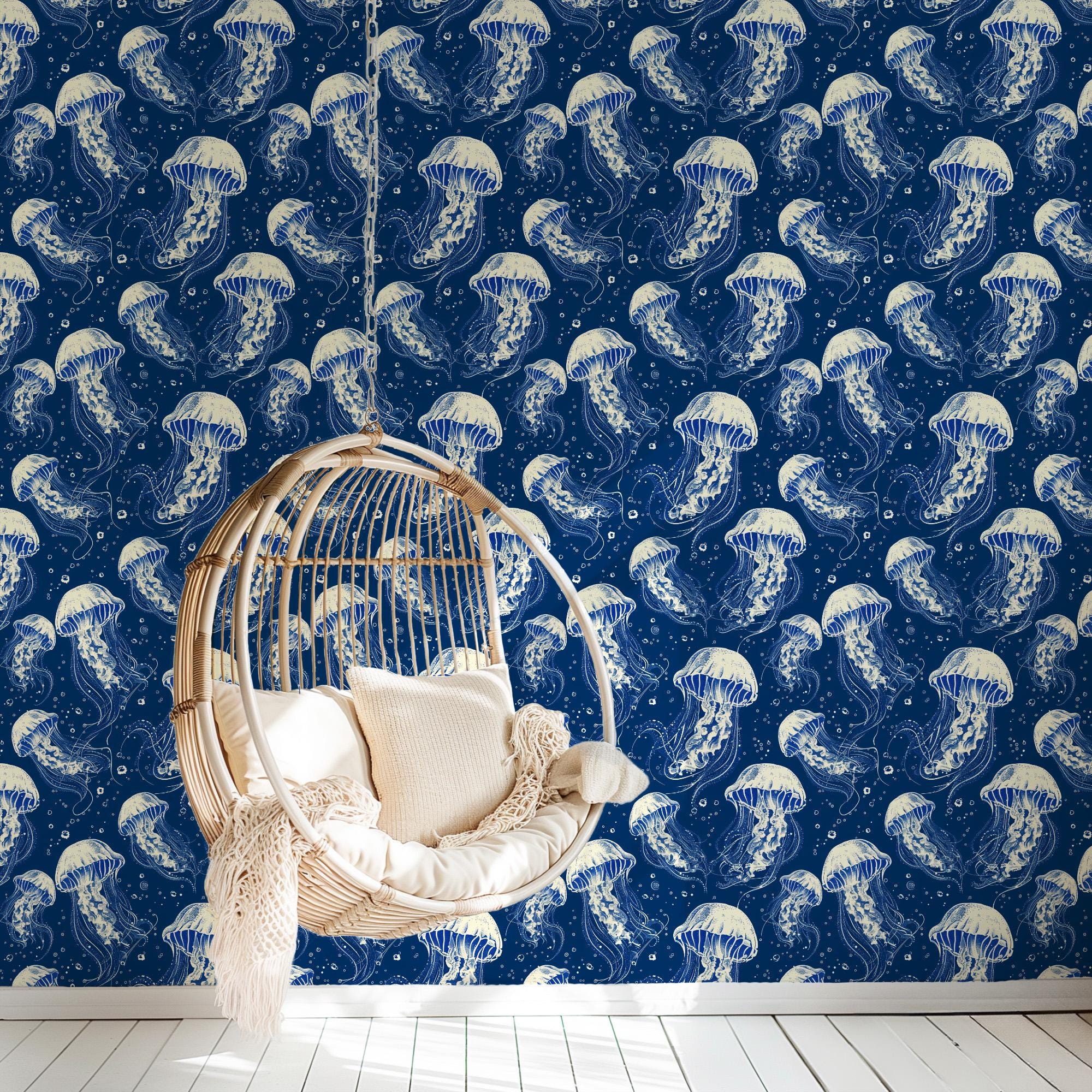 Jellyfish Dreams Wallpaper, Navy Beach Coastal Nautical Tropical, Peel and Stick Removable, Prepasted Traditional Sea Life Custom Sizes - Image 7
