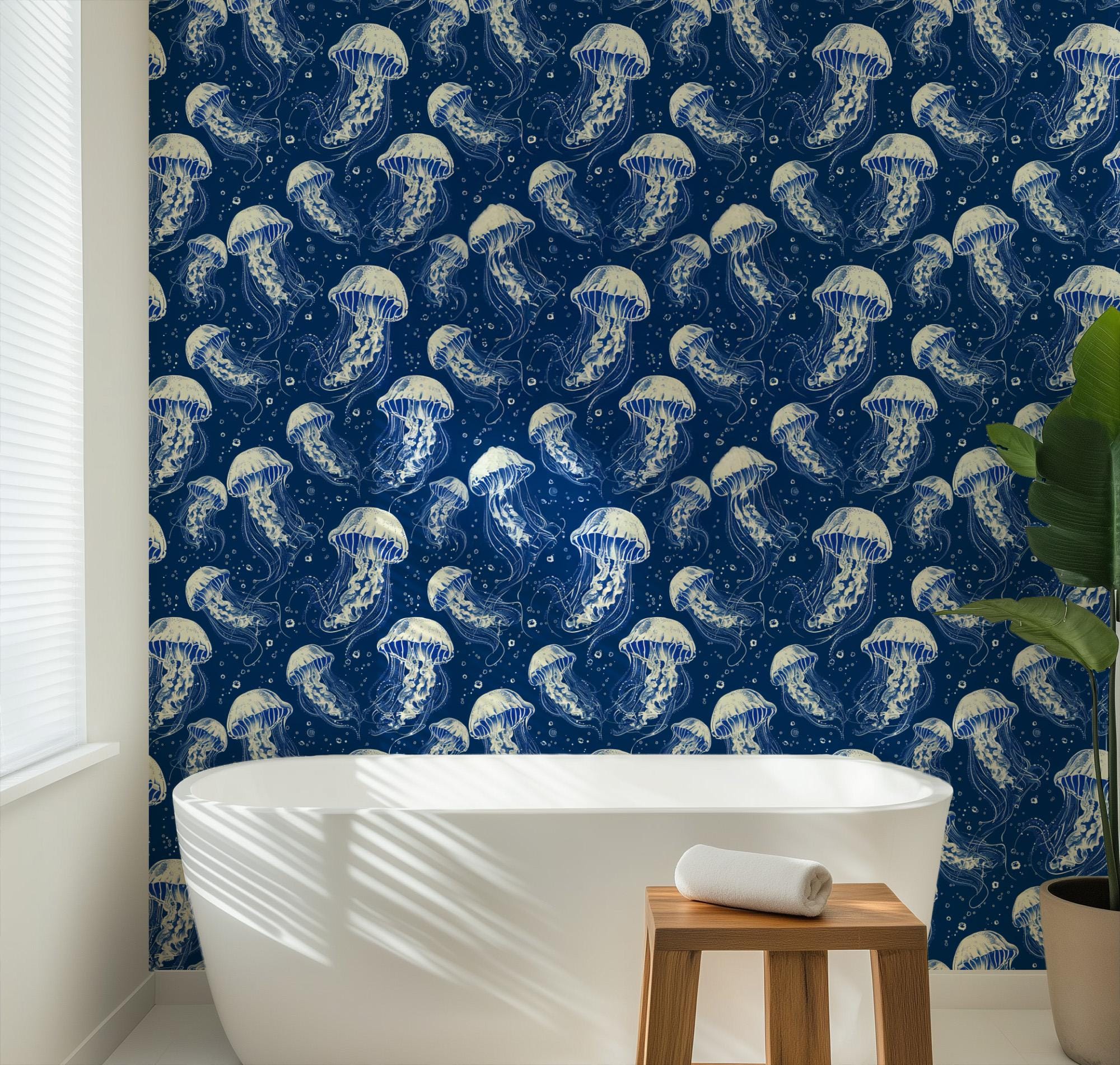 Jellyfish Dreams Wallpaper, Navy Beach Coastal Nautical Tropical, Peel and Stick Removable, Prepasted Traditional Sea Life Custom Sizes - Image 4