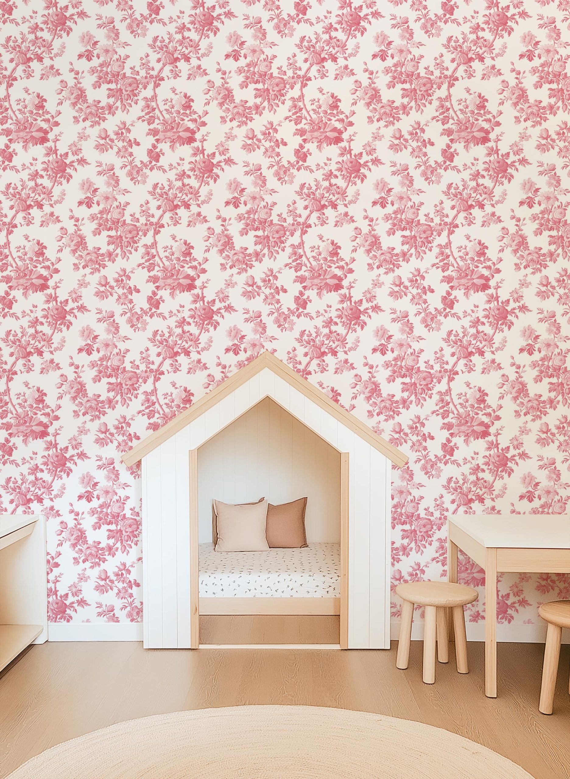 Pink Coquette Toile Wallpaper, Peel and Stick Removable, Vintage Grandmillennial Chic, Dainty Flower Baroque Vines, Elegant Pink Toile - Image 5