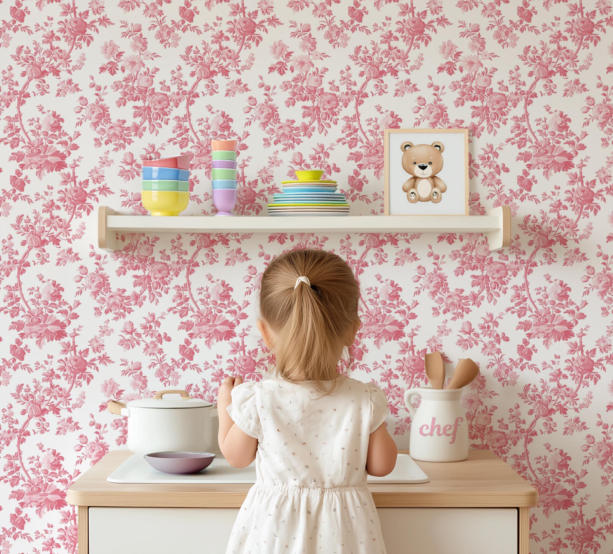 Pink Coquette Toile Wallpaper, Peel and Stick Removable, Vintage Grandmillennial Chic, Dainty Flower Baroque Vines, Elegant Pink Toile - Image 6