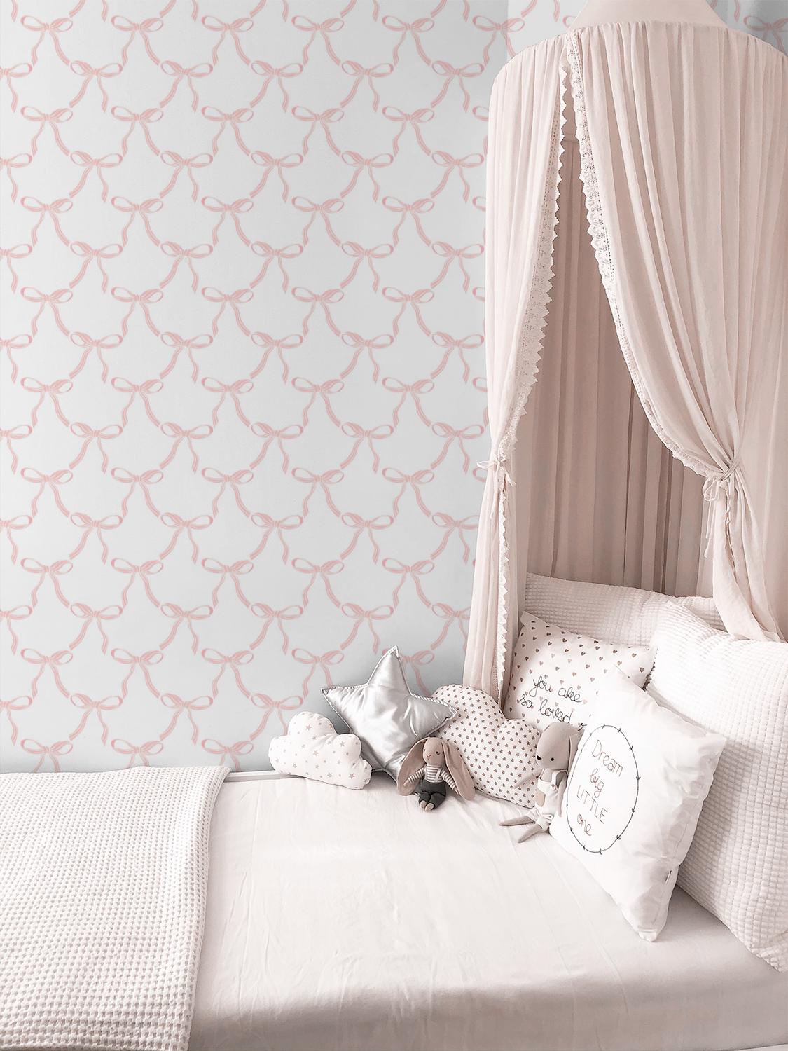 Romantic Pink Bows Wallpaper, Peel and Stick Removable, Coquette Grandmillennial Aesthetic, Modern Girly Baby Pink Bows, Cute Girl Nursery - Image 2