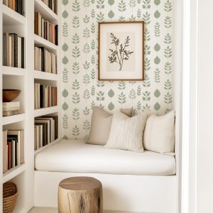 Sage Green and White Botanical Wallpaper, Fern Greenery Plant Garden, Peel Stick Prepasted Traditional, Custom Sizes Pressed Botanical