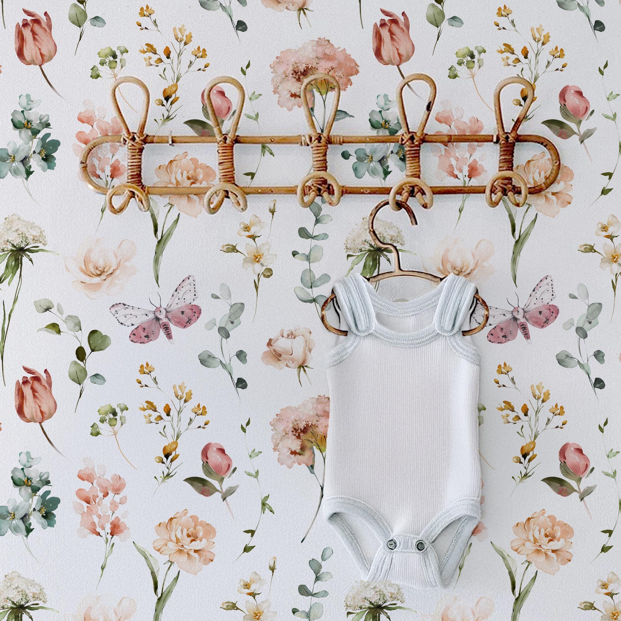 Garden Botanical Butterfly Wallpaper, Peel Stick Removable, Girly Cute Flower Garden, Baby Girl Toddler Teenager Bedroom, Pressed Floral