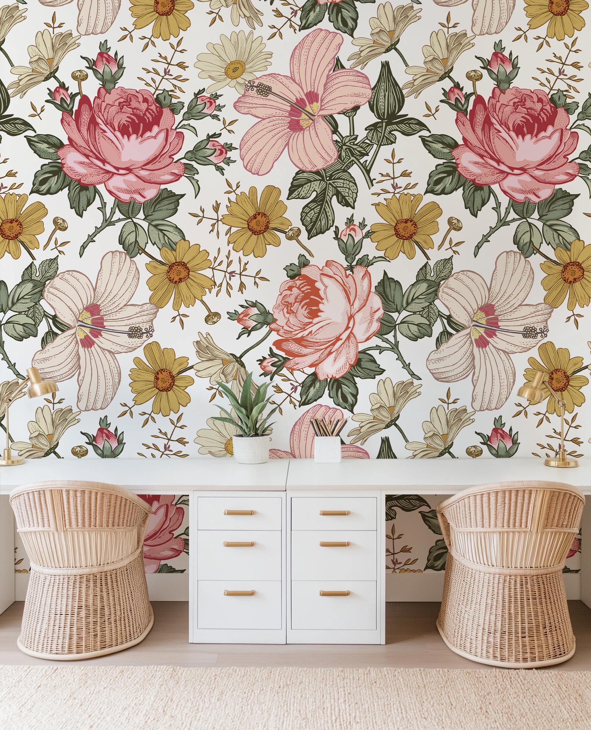 Vintage Flowers Wallpaper, Retro Style Roses Hibiscus, Peel and Stick Removable, Traditional or Pre-Pasted, Boho Floral, Birdie Collection