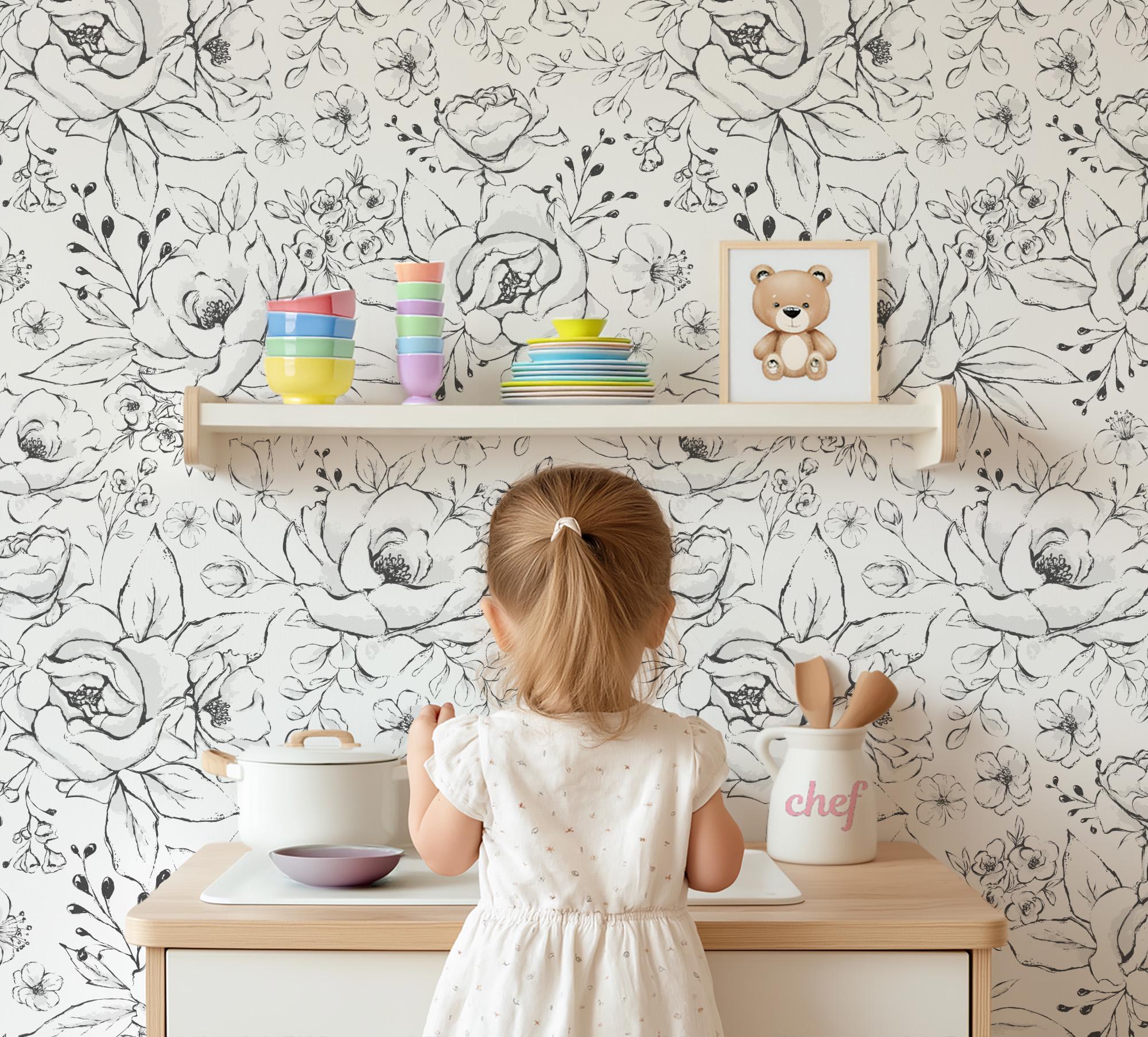 Black and White Line Doodle Sketch Art Floral Wallpaper Peel and Stick Removable Baby Girl Nursery Decor Temporary Do It Yourself Mural Wall - Image 2