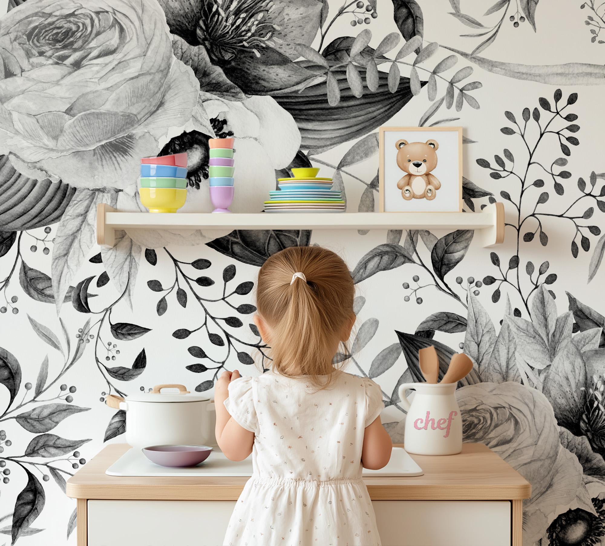 Vintage Black White Floral Wallpaper, Peel Stick Removable, Prepasted Unpasted Traditional, Baby Girl Nursery Decor, High Contrast Line Art - Image 3