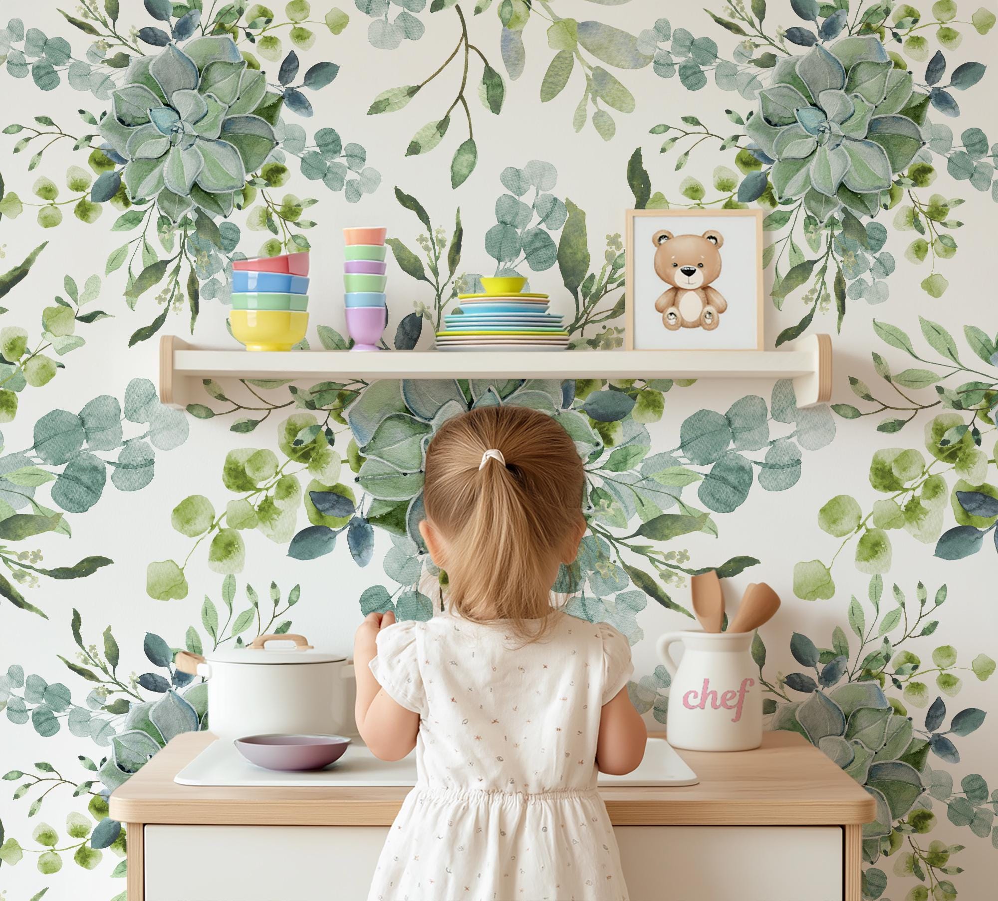 Large Scale Succulent Greenery Wallpaper, Peel and Stick Removable, Blue Green Colors Boho, Living Room Bedroom, Desert Cactus Green - Image 5