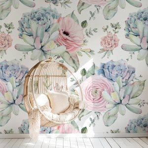 Watercolor Succulent Cactus Wallpaper, Pastel Desert Floral Mural