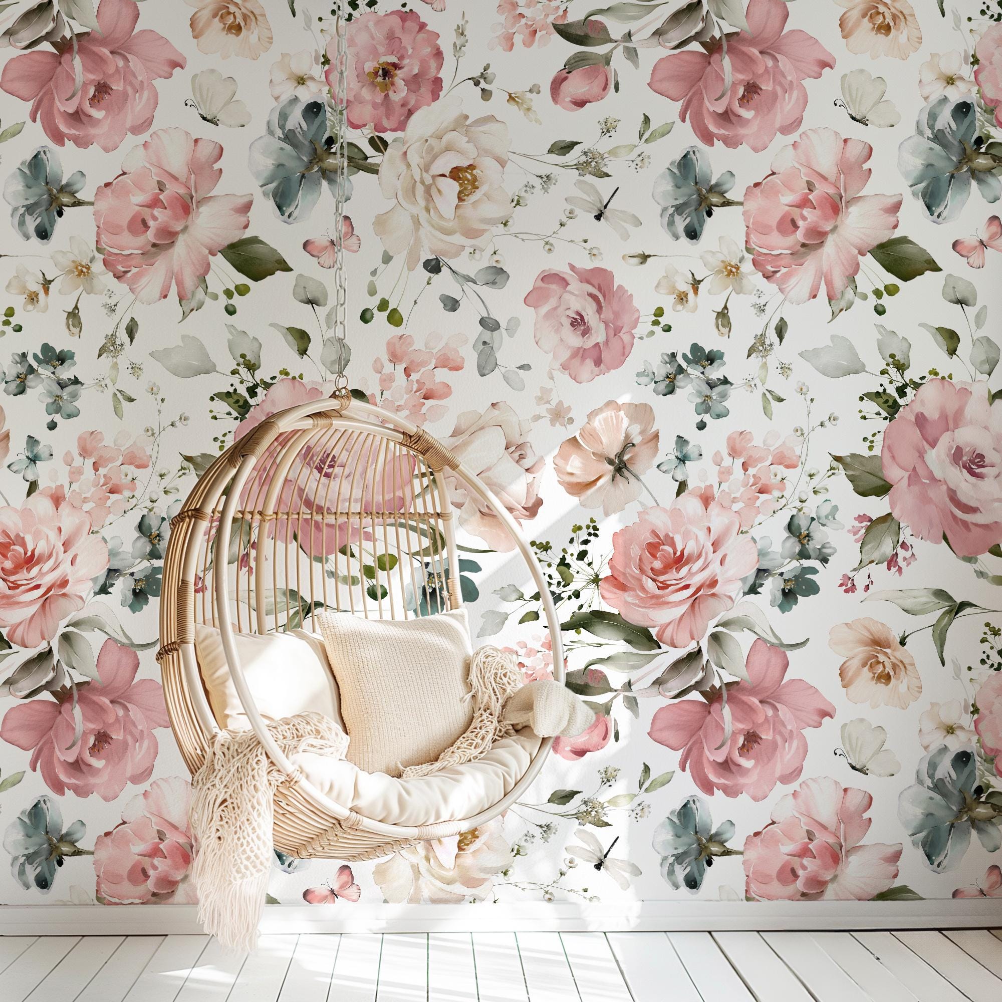 Pink Garden Floral Butterfly Wallpaper, Peel Stick Removable, Prepasted Unpasted Traditional Permanent, Baby Girl Nursery Decor, Mae Flower