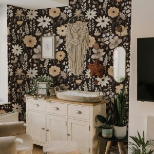 Brown Boho Floral Wallpaper, Peel Stick Removable, Unpasted Traditional Option, Dark Moody Flower Decor, Cute Farmhouse Cottagecore