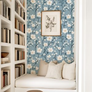 Blue Floral Vine Wallpaper, Peel and Stick Removable, Romantic Dainty Blue Floral, Small Print Classic Blue Flowers