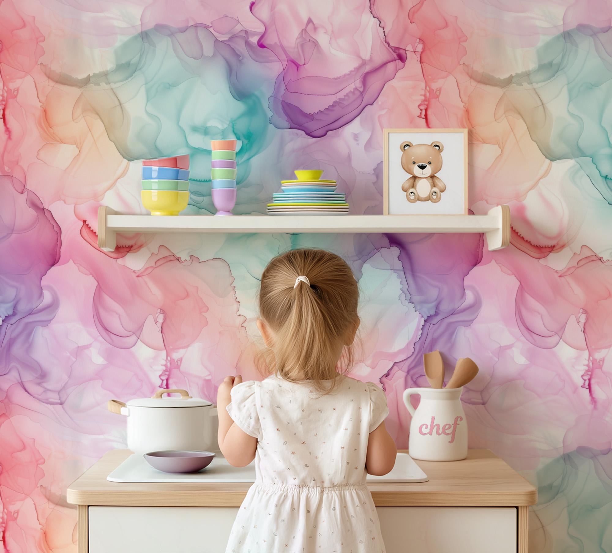Rainbow Watercolor Swirls Wallpaper, Pink Blue Purple Ink Blend on Paper, Peel and Stick Removable, Prepasted Traditional Custom Sizes Girls - Image 3