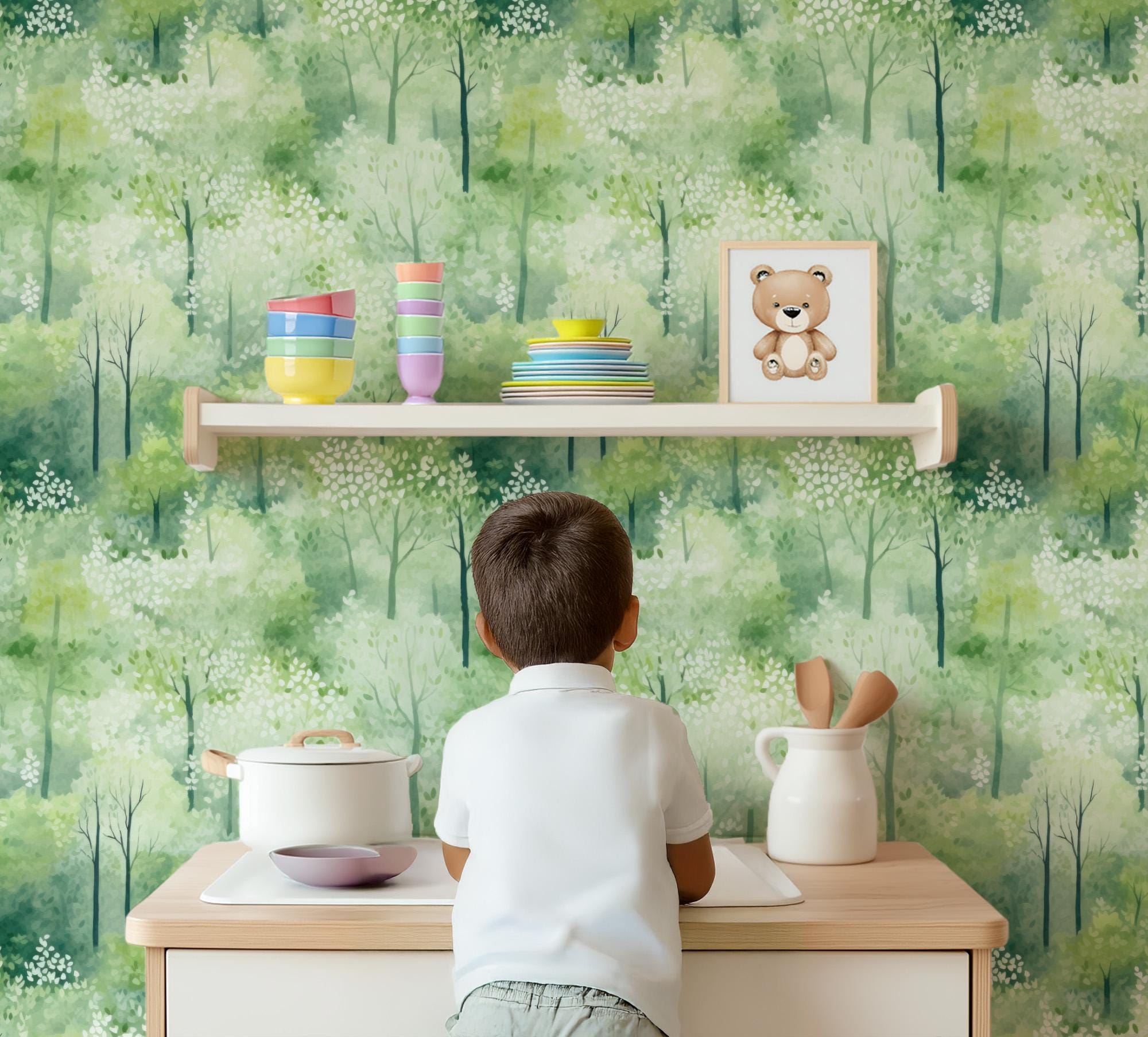 Forest Trees Wallpaper, Peel Stick or Traditional, Boy Nursery Mural Large Scale, Country Woods Watercolor Forest Wall Art Playroom Woodland - Image 3